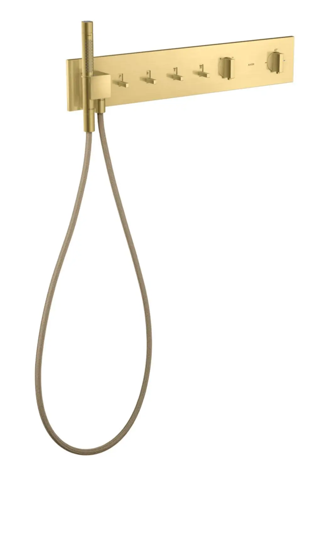 Thermostatmodul mit mehreren Wasserhähnen von AXOR, in gebürstetem Messing, ideal für die Unterputzmontage im Badezimmer. Flexible Brause mit Schlauch.